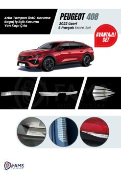 Peugeot 408 2022 üzeri Krom (SET) Arka Tampon + Bagaj İç Eşik + Yan Kapı Çıtası P.Çelik