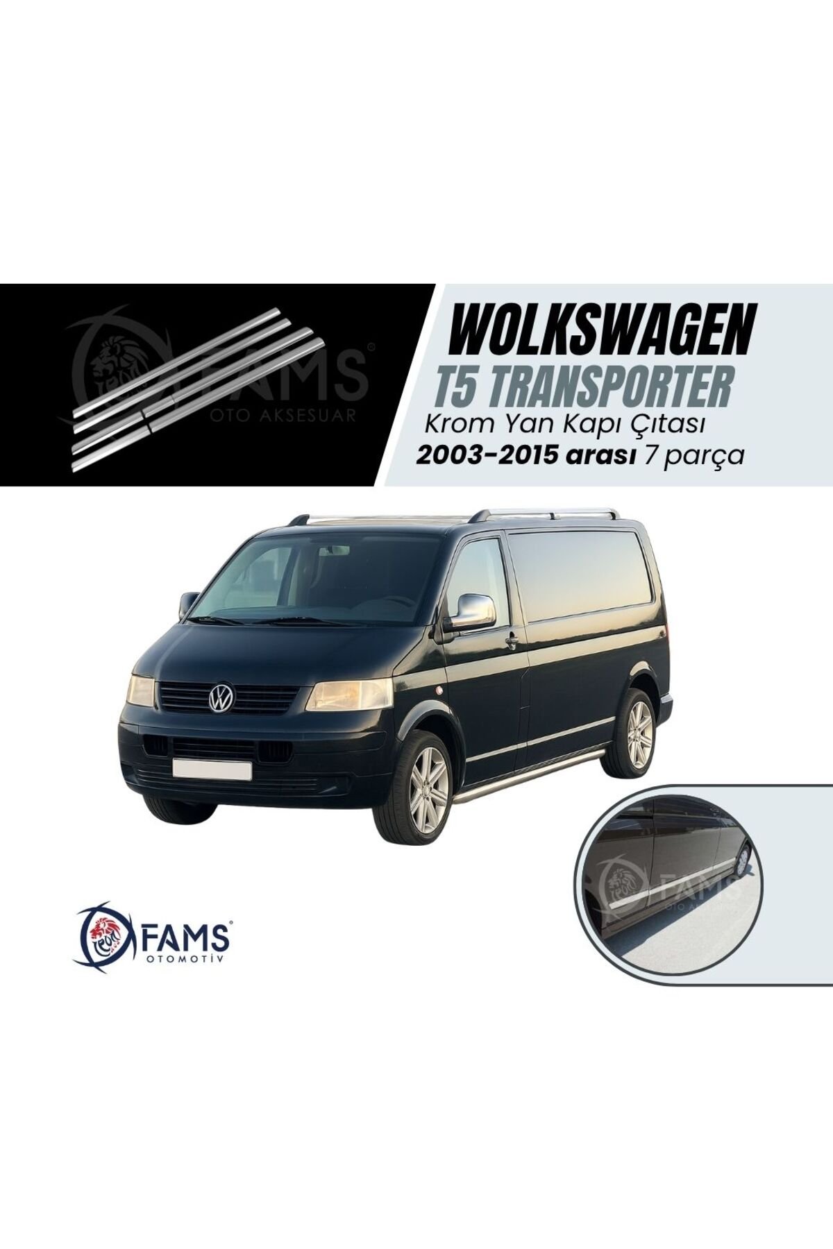 Vw T5 Transporter (Çift Sürgü) Krom Yan Kapı Çıtası 7 Prç 2003-2015 P,çelik (uzun Şase)