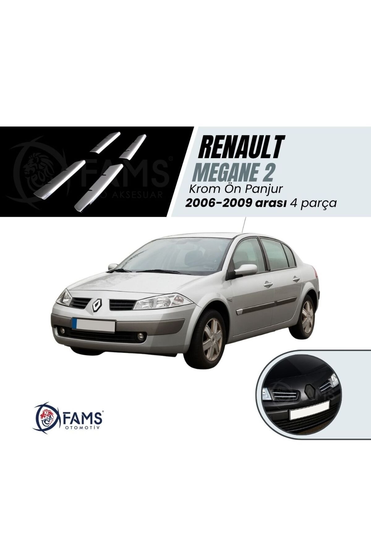 Renault Megane 2 Krom Ön Panjur 4 Prç, 2006-2009 P,çelik uyumlu