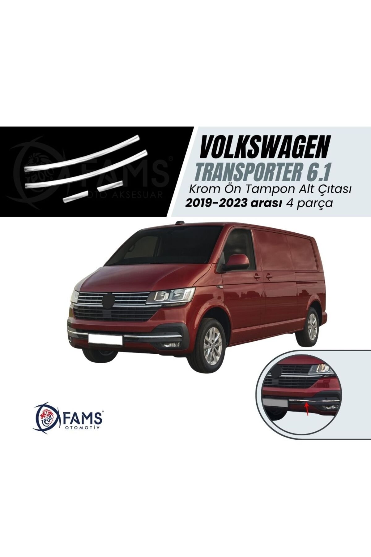Vw T6,1 Transporter 2019-2023 Arası Ön Tampon Alt Çıtası 4 Parça Paslanmaz Çelik