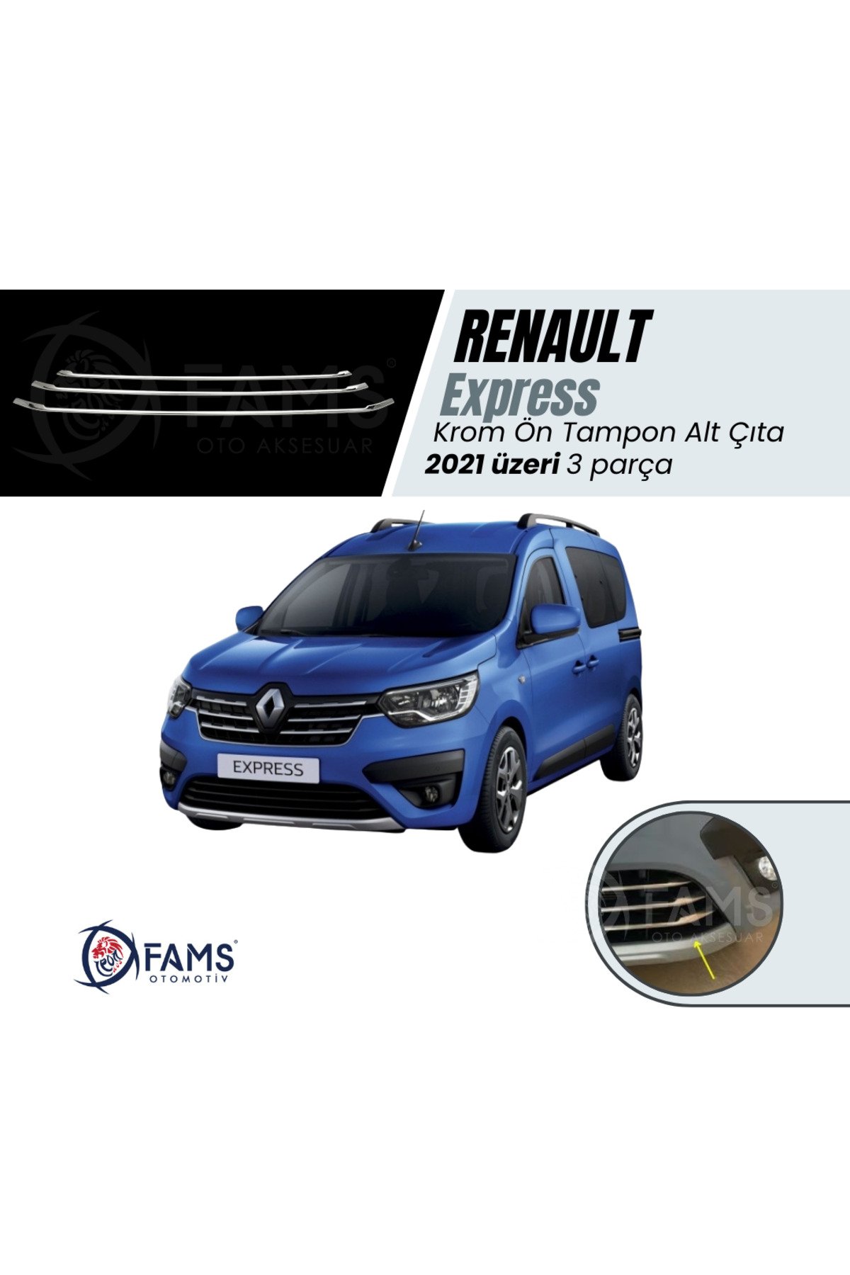 Renault Express Krom Ön Tampon Alt Çıta 3 Parça 2021> Paslanmaz Çelik